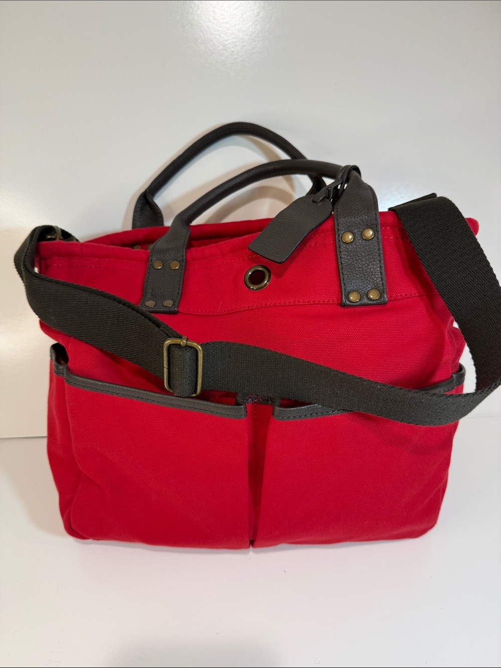 Levenger Red Canvas Tote Bag with Adjustable Strap and Leather Trim